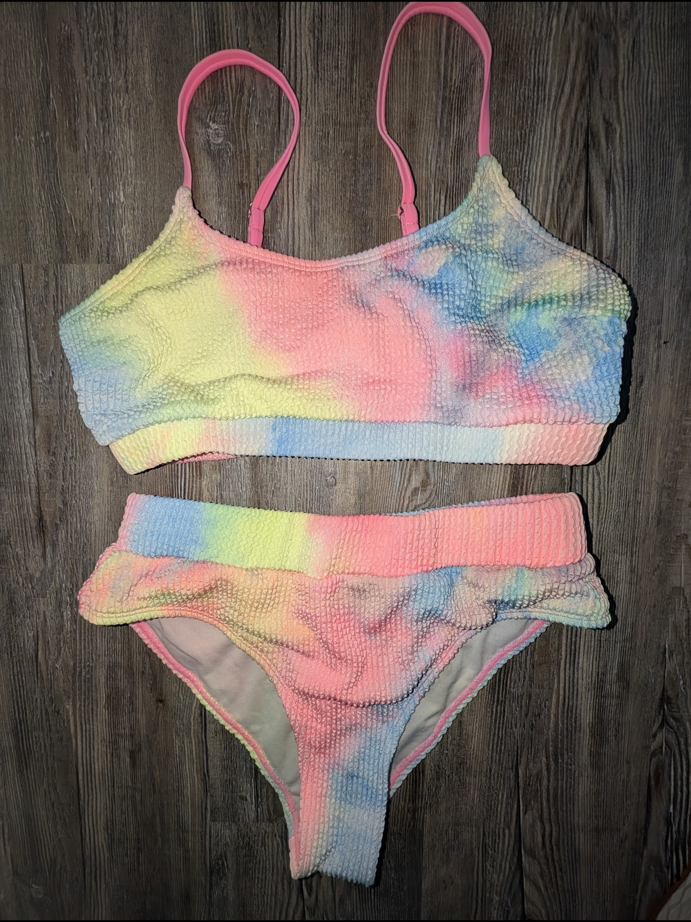 Pastel Tie-Dye Textured Bikini Top & Bottom Set - Pink Straps